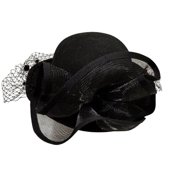 Dressy black felted wool hat large netting bowl & mesh fascinator made in USA
